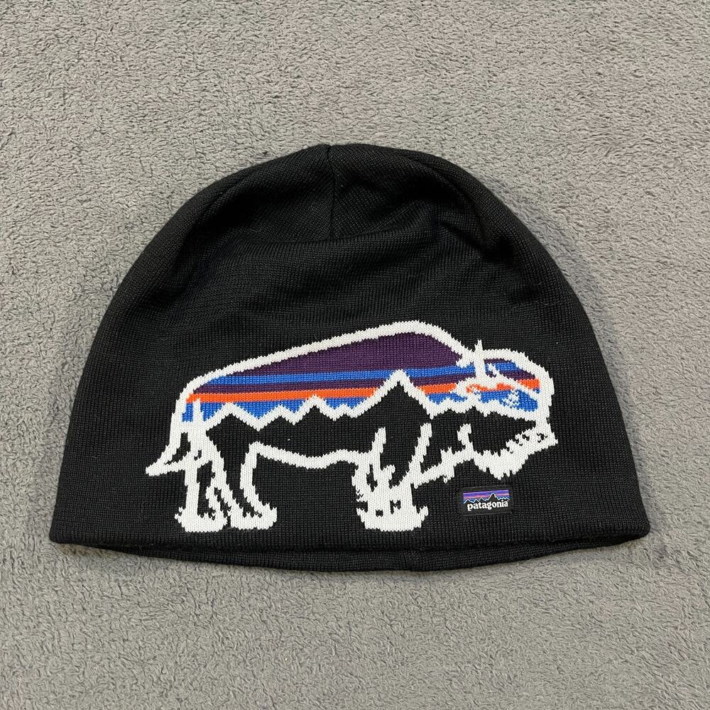 Patagonia Beanie Hat Black Fitz Roy Bison Polyester Knit Skull Cap Unisex One Sz